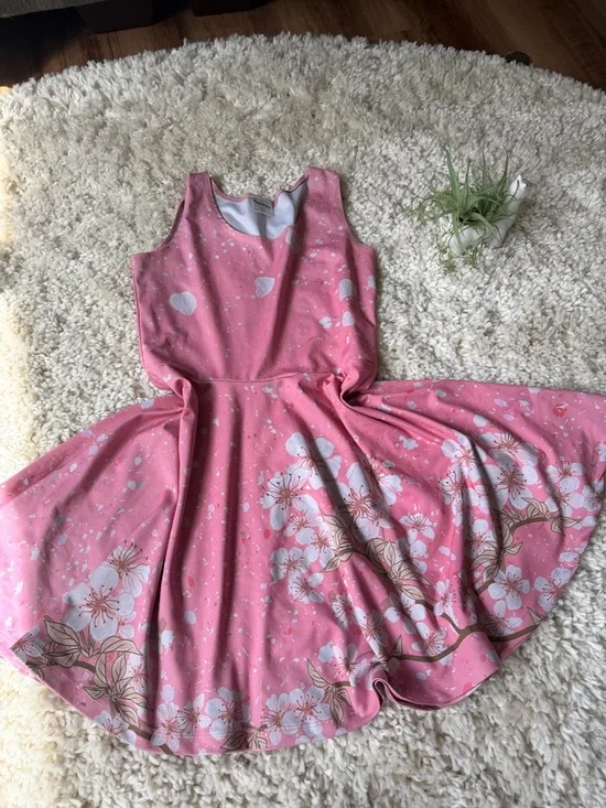 Sleeveless Pink Floral Fit-and-Flare spring Japanese blossom Midi Dress - Picture 5 of 6